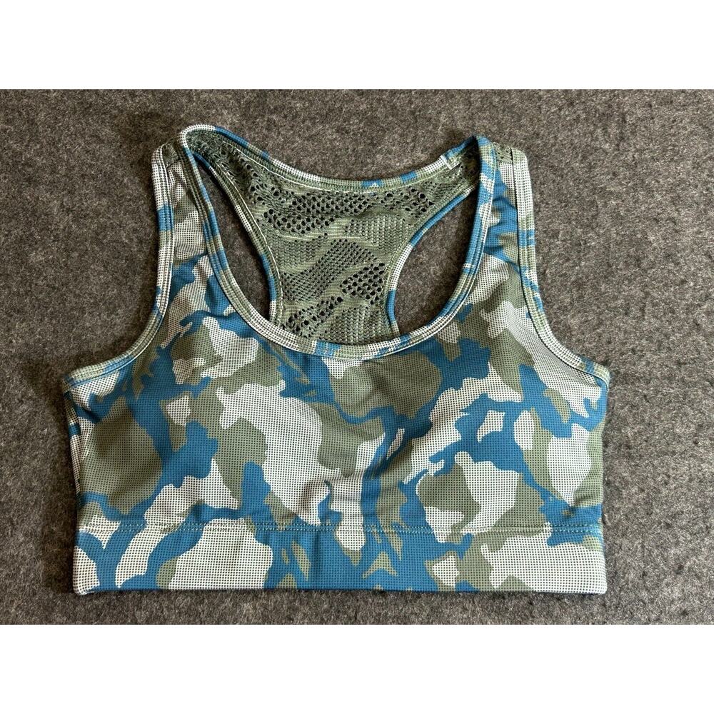 Zyia Active Blue Green‎ Camo Bomber Lace Back Padded Sports Bra Women's Size XS
